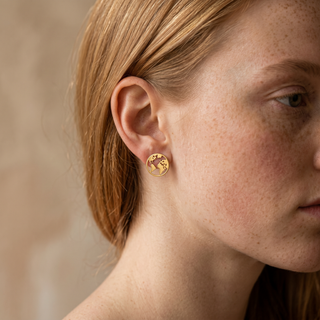Model wearing 9K Yellow Gold Cutout World Map Disc Stud Earrings - Sonny's Jewellers