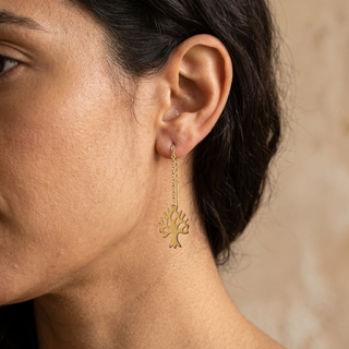 Model wearing 9K Yellow Gold Tree of Life Pull-Through Chain Drop Earrings - Sonny's Jewellers