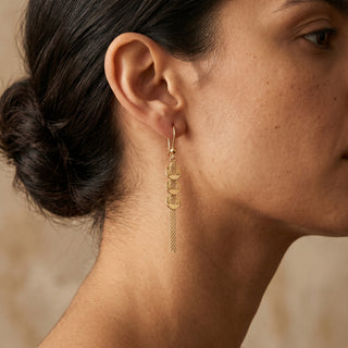 Model wearing 9K Yellow Gold 3-Ring & Bismark-Chain Drop Earrings - Sonny's Jewellers