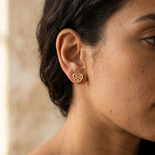 Model wearing 9K Yellow Gold Flower Heart Stud Earrings - Sonny's Jewellers