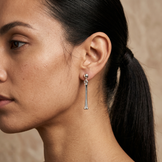 Model wearing 9K White Gold Pillar Drop Earrings - Sonny's Jewellers