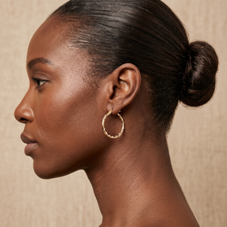 Model wearing 9K 2 Colour Gold Wire Wrap Hoop Earrings - Sonny's Jewellers