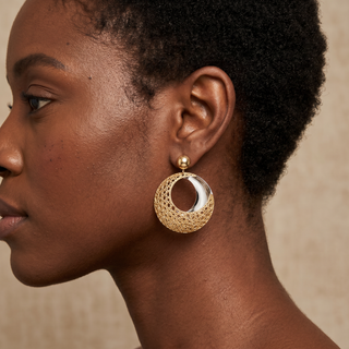 Model wearing 9K Yellow and White Gold Drop Earrings - Sonny's Jewellers