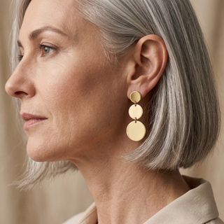 Model wearing 9K Yellow Gold Graduated Disc Drop Earrings - Sonny's Jewellers