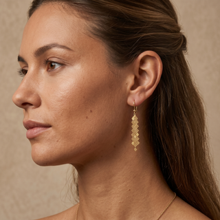 Model wearing 9K Yellow Gold Diamond Cut Geometric Drop Earrings - Sonny's Jewellers