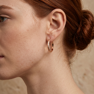 Model wearing 9K Rose Gold Textured Square Hoop Earrings - Sonny's Jewellers