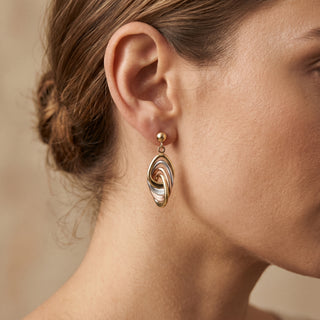 Model wearing 9K Three Colour Gold Drop Earrings - Sonny's Jewellers
