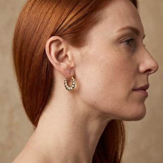 Model wearing 9K 2-Colour Gold 14mm x 15mm Creole Hoop Earrings - Sonny's Jewellers
