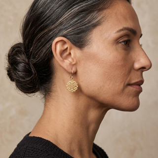 Model wearing 9K Yellow Gold Filigree Flower Drop Earrings - Sonny's Jewellers