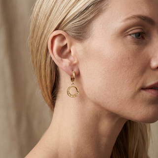 Model wearing 9K Yellow Gold Circle Drop Earrings - Sonny's Jewellers
