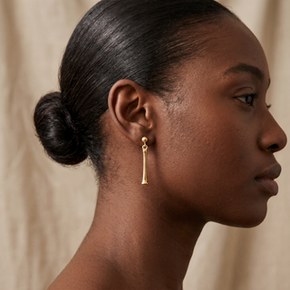 Model wearing 9K Yellow Gold Pillar Drop Earrings - Sonny's Jewellers