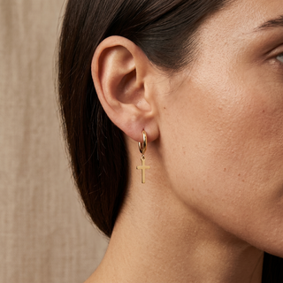 Model wearing 9K Yellow Gold 'Cross' Sleeper Hoop Earrings - Sonny's Jewellers