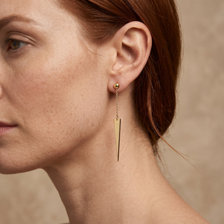 Model wearing 9K Yellow Gold Spear Drop Earrings - Sonny's Jewellers