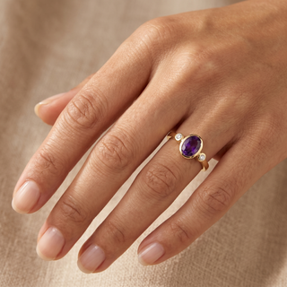 Model wearing 9K Yellow Gold Amethyst & Diamond Ring - Sonny's Jewellers