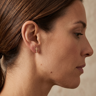 Model wearing 9ct Yellow Gold Cross Stud Earrings - Sonny's Jewellers