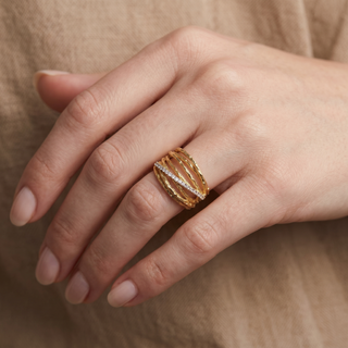 Model wearing 9K Yellow Gold Textured CZ Set Ring - Sonny's Jewellers