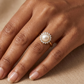 Model wearing 9K Yellow Gold Pearl & CZ Ring - Sonny's Jewellers