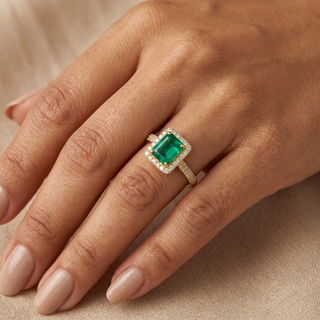 Model wearing 9K Yellow Gold Emerald & Diamond Ring - Sonny's Jewellers