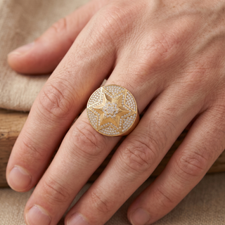 Model wearing 9K Yellow Gold CZ Circular Star Ring - Sonny's Jewellers