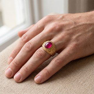 Model wearing 9K Yellow Gold Red Oval Dress Ring - Sonny's Jewellers