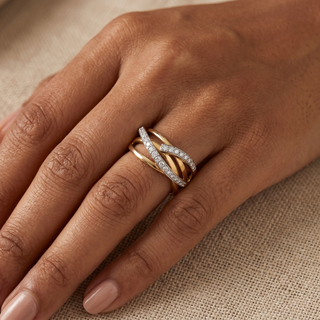 Model wearing 9K Yellow Gold 0.48ct Diamond Crossover Ring - Sonny's Jewellers