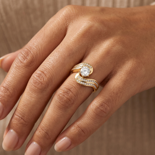 Model wearing 9K Yellow Gold Double Row CZ Solitaire Twist Ring - Sonny's Jewellers