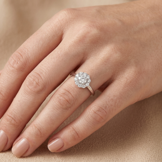 Model wearing 9K White Gold CZ Flower Cluster Ring - Sonny's Jewellers