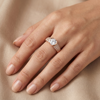 Model wearing 9K Rose Gold Round CZ Shoulder-Detail Ring - Sonny's Jewellers