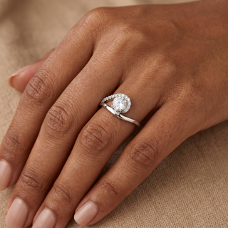 Model wearing 9K White Gold CZ Swirl Split-Shank Ring - Sonny's Jewellers