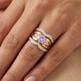Model wearing 9K Yellow Gold White & Lavender CZ 3-band Ring Set - Sonny's Jewellers