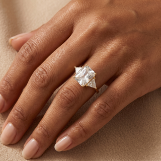 Model wearing 9K Yellow Gold Rectangular & Triangular CZ Ring - Sonny's Jewellers