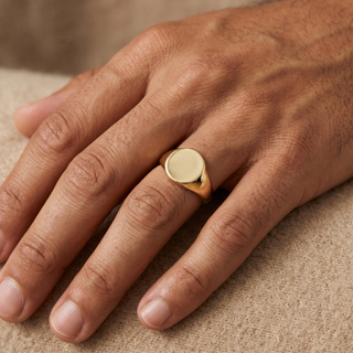 Model wearing 9K Yellow Gold Plain Round Signet Ring - Sonny's Jewellers