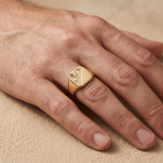 Model wearing 9K Yellow Gold Patterned Square Signet Ring - Sonny's Jewellers