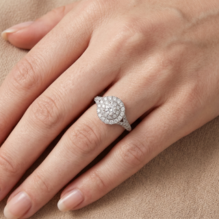 Model wearing 9K White Gold Round Halo Diamond Ring - Sonny's Jewellers