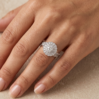 Model wearing 9K White Gold Vintage Diamond Cluster Ring - Sonny's Jewellers