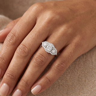 Model wearing 9K White Gold Diamond Trilogy Ring - Sonny's Jewellers