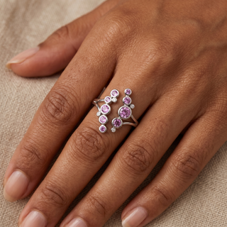 Model wearing 9K White Gold Pink Sapphire & Diamond Bubble Ring - Sonny's Jewellers