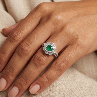 Model wearing 18K White Gold Emerald & Diamond Flower Ring - Sonny's Jewellers