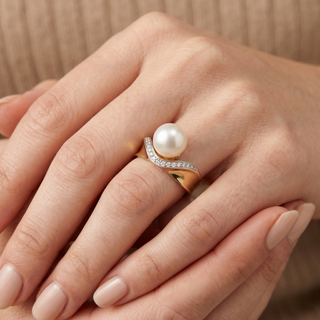 Model wearing 9K Yellow Gold Pearl & Diamond Ring - Sonny's Jewellers