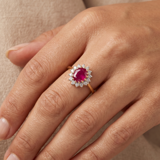 Model wearing 9K Yellow Gold Ruby & Diamond Halo Ring - Sonny's Jewellers