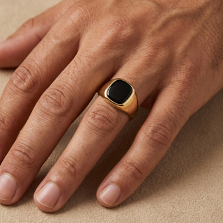 Model wearing 9K Yellow Gold Cushion Onyx Signet Ring - Sonny's Jewellers