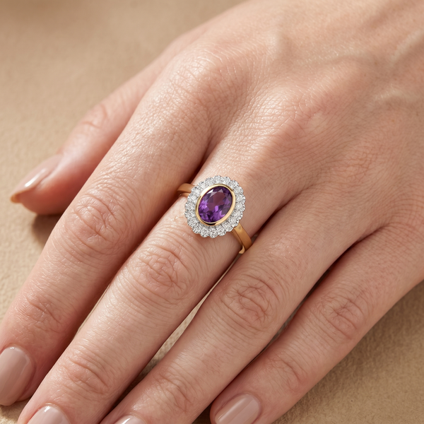 9K Yellow Gold Amethyst & Diamond Halo Ring