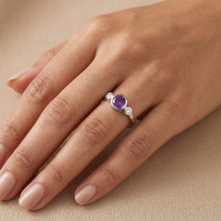 Model wearing 9K White Gold Amethyst & Diamond Ring - Sonny's Jewellers