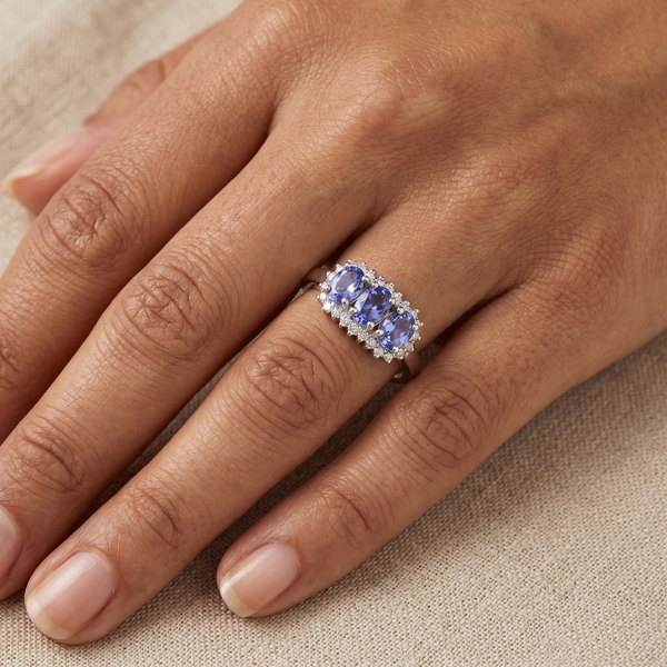 9K White Gold Oval Tanzanite Trilogy Cluster Ring