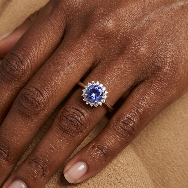 9K White Gold Tanzanite & Diamond Halo Ring