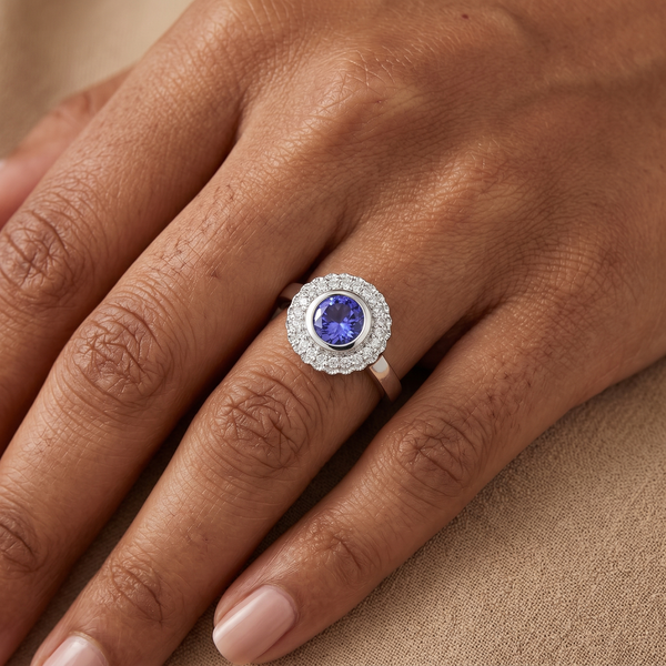 9K White Gold Tanzanite & Diamond Halo Ring