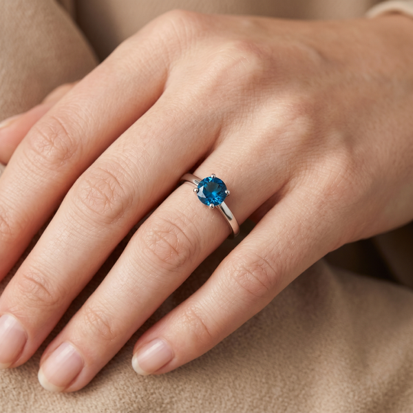 9K White Gold Round Blue Topaz Solitaire Ring