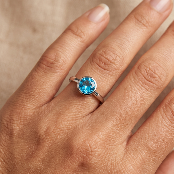 9K White Gold Round Blue Topaz Solitaire Ring