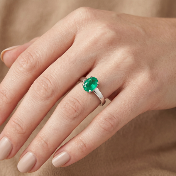 9K White Gold Oval Solitaire Emerald Ring