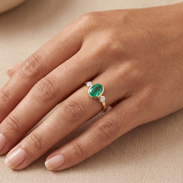 9K Yellow Gold Oval Emerald & Diamond Ring